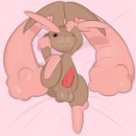  1:1 anthro balls bed furniture genitals looking_at_viewer lopunny lying male nintendo on_back one_eye_obstructed penis pok&eacute;mon pok&eacute;mon_(species) raised_leg shiny_pok&eacute;mon solo video_games yumei 