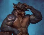  2021 5:4 anthro biceps canid canine canis clothing fur headgear headwear hi_res male mammal muscular muscular_male nipples pecs simple_background solo taran_fiddler wolf 