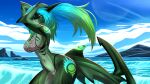  16:9 2021 4k absurd_res anthro aurora_(kamikazekit) bikini biped breasts clothed clothing day detailed_background digital_media_(artwork) ear_piercing eyebrows eyelashes female fin fish green_body green_eyes green_skin hair hi_res looking_at_viewer marine navel non-mammal_breasts outside piercing shark sky solo standing swimwear widescreen xaenyth 