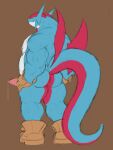  3:4 anthro biceps blue_body blue_scales bodily_fluids boots brown_background butt clothing elwind_(thiccvally) flat_colors footwear genital_fluids genitals gloves grin hands_on_hips handwear hi_res humanoid leather looking_at_viewer looking_back male nintendo pecs penis pink_penis pok&eacute;mon pok&eacute;mon_(species) precum red_body red_scales red_wings rough_sketch salamence scales simple_background slightly_chubby smile solo standing sweat tjloog video_games wings 
