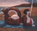  anthro beach big_breasts big_butt bikini biting_clothing breasts butt clothing dark_hair female gretchen_(kazeattor) huge_butt legs_up looking_at_viewer orange_eyes patacon red_bikini reptile scalie seaside snake solo swimwear teasing thick_thighs 