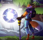  2021 anthro backpack belt canid canine clothed clothing detailed_background digital_media_(artwork) dirt epic_games fennix_(fortnite) fortnite fox fully_clothed fur furgonomics glistening glistening_eyes grass leo-wolf looking_back male mammal orange_body orange_fur orb outside plant red_eyes smile solo spiked_clothing spikes tree video_games white_body white_fur yellow_sclera 