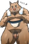  2014 anthro balls belly blush brown_body censored clothing flaccid genitals humanoid_genitalia humanoid_hands humanoid_penis japanese_text kemono kisukemk777 male mammal moobs navel nipples overweight overweight_male penis pubes simple_background suid suina sus_(pig) text towel towel_around_neck underwear white_background wild_boar 