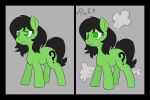  3:2 ? black_hair black_tail colored_pupils earth_pony equid equine female feral filly_anon fur green_body green_eyes green_fur grey_background hair happy_harvey hasbro hi_res horse inanimate_object inanimate_transformation mammal my_little_pony phone_drawing plushie pony poof simple_background solo transformation 