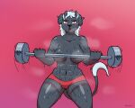  5:4 anthro avioylin barbell bodily_fluids breasts camel_toe exercise felid feline female gasp hi_res horn lifting looking_at_viewer mammal mostly_nude motion_lines muscular muscular_female open_mouth simple_background sister_(snofu) sport steam sweat thick_thighs weightlifting weights wet workout 