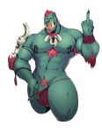  anthro arts_of_indiego clothed clothing demon elbow_tufts facial_hair genitals gesture goatee green_body hair hi_res jewelry male middle_finger muscular muscular_anthro muscular_male necklace nipple_piercing nipples open_mouth pecs penis piercing pubes red_hair simple_background solo teeth thick_thighs thong topless underwear white_background 