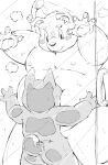  2015 anthro bathing bathroom belly blush butt canid canine canis domestic_dog duo humanoid_hands kemono male mammal meg_hoi monochrome moobs nipples overweight overweight_male size_difference water 