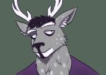  anthro antlers black_hair buck_(disambiguation) cervid cervine clothing dark_eyes dex eyeshadow fan_character fur grey_body grey_fur hair horn inner_ear_fluff makeup male mammal purple_clothing shirt sika_deer solo spots tool_biscuit topwear tuft white_spots 