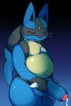  absurd_res anthro balls belly big_belly big_penis bodily_fluids chubby_male cum cumshot ejaculation erection eyes_closed foreskin genital_fluids genitals hi_res humanoid_genitalia humanoid_penis lucario male masturbation moritani nintendo overweight overweight_male penile penile_masturbation penis pok&eacute;mon pok&eacute;mon_(species) solo video_games 