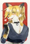  2021 4_fingers anthro ariari927 blond_fur blush breasts canid canine chest_tuft cleavage clothed clothing collar ear_tuft female fingers fox fur gloves_(marking) hi_res kemono looking_at_viewer mammal markings medium_breasts neck_tuft open_mouth open_smile piercing smile solo tongue tongue_out tongue_piercing traditional_media_(artwork) tuft yellow_body yellow_eyes yellow_fur 