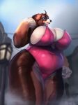  anthro belly bernese_mountain_dog big_belly big_breasts big_butt breasts building butt canid canine canis clothing domestic_dog female hi_res macro mammal molosser mountain_dog osaki_eru sky solo swiss_mountain_dog 