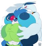  2019 abs anthro areola big_breasts blue_eyes blush breast_size_difference breasts canid canine canis collar dedoarts duo female female/female green_eyes hi_res huge_breasts hyper hyper_breasts legendary_pok&eacute;mon lugia mammal nintendo nipples open_mouth pok&eacute;ball pok&eacute;ball_collar pok&eacute;mon pok&eacute;mon_(species) ryka video_games wolf 