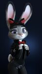  2021 3d_(artwork) 4:7 anthro belt black_clothing blue_background bow_tie claws clothed clothing collar digital_media_(artwork) disney eyebrows eyelashes female fingers fur grey_body grey_fur handwear headgear headwear hi_res judy_hopps lagomorph leporid long_ears looking_at_viewer mammal melo multicolored_body multicolored_ears multicolored_fur pink_nose purple_eyes rabbit short_tail simple_background smile solo tight_clothing topwear white_body white_fur zootopia 