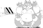  2015 anthro belly blush bulge cake canid canine canis clothing dessert domestic_dog food kemono male mammal meg_hoi monochrome moobs navel nipples overweight overweight_male simple_background sitting solo_focus underwear white_background 