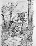  absurd_res action_pose anthro boots borophagine bow_(weapon) canid cape clothing female footwear forest forest_background hi_res mammal medieval milly_(millcore) monochrome nature nature_background plant pose ranged_weapon solo tangerin4yon tree weapon 