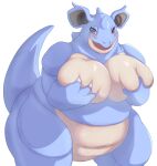  anthro big_breasts blush breast_grab breast_squish breasts brown_eyes claws curvy_figure eyelashes female hand_on_breast hi_res holding_breast huge_breasts looking_at_viewer mature_female nidoqueen nintendo non-mammal_breasts nude open_mouth overweight pok&eacute;mon pok&eacute;mon_(species) sasanoha6011 semi-anthro simple_background slightly_chubby smile solo squish thick_thighs video_games voluptuous white_background wide_hips 