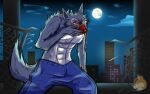  abs anthro beastars blood bodily_fluids canid canine canis city clothed clothing codymathews hi_res legoshi_(beastars) male mammal moon muscular muscular_male night pecs solo topless wolf 