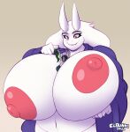  2021 anthro between_breasts big_breasts boss_monster bovid breasts canid canine canis caprine clothing dedoarts duo female goat horn huge_breasts hyper hyper_breasts macro male mammal nipples red_eyes size_difference toriel undertale undertale_(series) undressing video_games white_body wolf 