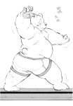  2015 anthro belly blush bodily_fluids butt clothing humanoid_hands japanese_text kemono male mammal meg_hoi monochrome moobs nipples overweight overweight_male solo sweat text underwear ursid 