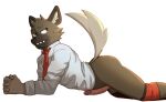  2021 aggressive_retsuko anthro balls butt clothed clothing dress_shirt erection fur genitals haida humanoid_genitalia humanoid_penis hyaenid jrjresq lying male mammal narrowed_eyes necktie on_front partially_clothed penis sanrio seductive shirt simple_background smile solo spotted_hyena topwear tuft underwear underwear_down white_background 