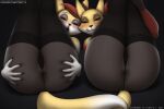  2021 3:2 anthro anus anus_peek aroused barely_visible_genitalia barely_visible_pussy bedroom_eyes big_butt blush braixen butt clothing conditional_dnp delphox digital_media_(artwork) duo english_text female fluffx g-string genitals leggings legs_up legwear looking_at_viewer narrowed_eyes nintendo open_mouth panties patreon pok&eacute;mon pok&eacute;mon_(species) presenting pussy red_eyes seductive shaded smile spread_butt spreading take_your_pick text underwear url video_games 