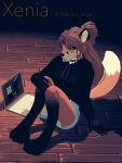  3:4 3d_(artwork) anthro barefoot bent_legs black_clothing black_hands black_markings black_nose black_paws black_shirt black_topwear blue_bottomwear blue_clothing blue_shorts blush bottomwear brown_hair canid canine character_name clothed clothing collar computer countershading cutoffs denim denim_clothing digital_media_(artwork) digitigrade eyewear feet female fox freckles fully_clothed fur glasses gloves_(marking) grey_text hair hi_res holding_legs inner_ear_fluff inside knees_pulled_up lamnatheshark laptop light lighting linux long_hair looking_at_viewer mammal manjaro markings orange_text ponytail red_body red_fur red_tail round_glasses shadow shirt shorts sitting solo text text_on_clothing text_on_shirt text_on_topwear toes tongue tongue_out topwear trans_(lore) trans_woman_(lore) tuft two_tone_face two_tone_legs two_tone_tail white_body white_countershading white_fur white_inner_ear white_inner_ear_fluff white_tail_tip wood_floor xenia_(linux_fox) 