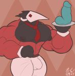  absurd_res anthro bulge butler clenched_fists clothing craw deltarune dildo erect_nipples hi_res humanoid kalt-jn male mask mouthless muscular necktie nipples pecs serving sex_toy solo suit swatchling undertale_(series) video_games 