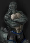 2021 abs angry anthro back_spines biceps bottomwear bottomwear_only bulge claws clothing crassir crossed_arms deltoids godzilla godzilla_(series) hi_res kaiju male multicolored_body multicolored_scales muscular muscular_male pecs scales scalie shorts simple_background solo standing tail_spines teeth toho triceps two_tone_body two_tone_scales yellow_sclera 