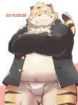  2016 anthro asian_clothing belly blush clothed clothing east_asian_clothing felid fundoshi fur hi_res japanese_clothing kemono kisukemk777 male mammal navel one_eye_closed open_clothing open_shirt open_topwear overweight overweight_male pantherine pink_nose shirt simple_background solo tiger topwear underwear white_clothing white_fundoshi white_underwear wink yellow_body yellow_fur 
