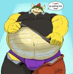  2021 anthro belly big_belly bodily_fluids bottomwear bowser bulge clothing day deadanthro dialogue dressing english_text eyebrows hair horn koopa looking_down low-angle_view male mario_bros navel nintendo outside overweight overweight_anthro overweight_male pants scalie shirt signature sky solo standing sweat text topwear underwear unzipped video_games 