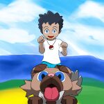  1:1 absurd_res ambiguous_gender canid canine child clothed clothing collar duo feral happy hi_res human looking_at_viewer male mammal nintendo open_mouth open_smile outside pok&eacute;ball pok&eacute;mon pok&eacute;mon_(species) pose raised_arms rockruff rozg seaside smile tongue tongue_out video_games young youngster_(pokemon) 