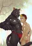  abs anthro asian_clothing black_body black_fur bulge butt clothing duo east_asian_clothing felid fundoshi fur genital_outline grass grin hand_on_butt hand_on_hip hi_res holding_partner human human_on_anthro imminent_sex interspecies japanese_clothing larger_anthro looking_at_viewer male male/male mammal melanistic muscular muscular_anthro muscular_male mutsukyuu nipples nude pantherine pecs penis_outline plant size_difference smaller_human smile tiger tree underwear 