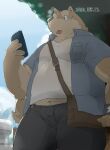  2016 anthro belly black_nose bottomwear brown_body brown_fur canid canine canis clothing domestic_dog fur hi_res humanoid_hands kemono kisukemk777 male mammal outside overweight overweight_anthro overweight_male pants phone shirt solo tongue tongue_out topwear 