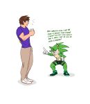  anthro archie_comics bet bulge clothed clothing comic duo english_text eulipotyphlan fur green_body green_fur grin harness hedgehog hi_res human jackofak male mammal piercing scourge_the_hedgehog sega sharp_teeth simple_background size_difference smile sonic_the_hedgehog_(archie) sonic_the_hedgehog_(comics) sonic_the_hedgehog_(series) talking_to_another teeth text 