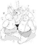  2015 anthro barely_visible_genitalia belly blush bodily_fluids bulge butt canid canine canis clothing domestic_pig genitals group humanoid_hands kemono low_res male mammal meg_hoi monochrome moobs nipples overweight overweight_male simple_background suid suina sus_(pig) suspenders sweat underwear white_background wolf 