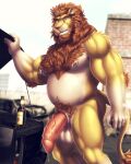  2021 4:5 alcohol anthro balls beer beer_bottle beverage bodily_fluids bottle brown_hair building car claws day detailed_background dream_and_nightmare dripping felid feline genital_fluids genitals hair hi_res lakota_lander lion looking_at_viewer male mammal musclegut muscular muscular_anthro muscular_male nipple_piercing nipples nude outside pantherine penis piercing pink_nipples precum precum_drip saggy_balls solo tuft vehicle vein veiny_penis yellow_body 