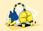  animal_crossing ankha_(animal_crossing) anthro big_butt bodily_fluids breast_squish breasts butt clothed clothing domestic_cat eyes_closed felid feline felis female hi_res joaoppereiraus mammal nintendo no_underwear raised_tail solo squish stretching sweat thick_thighs video_games 