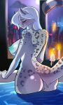  absurd_res anthro bathing blue_eyes blue_nipples breasts butt candle candlestick city city_background felid female fur genitals glistening glistening_butt hair hi_res leopard looking_back mammal night nipples pantherine pussy solo tutifruti_(artist) white_body white_fur white_hair 