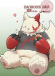  2016 ambiguous_gender anthro belly clothing crotch_tuft cute_fangs eyes_closed fur hi_res kemono kisukemk777 nintendo overweight pink_nose pok&eacute;mon pok&eacute;mon_(species) red_body red_fur shirt sitting solo text topwear tuft video_games white_body white_fur zangoose zangoose_day 