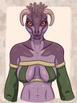  3:4 absurd_res anthro argonian armwear bethesda_softworks black_sclera breasts cayugo cel_shading cleavage clothed clothing countershading facial_scar feathers female green_clothing hi_res horn looking_at_viewer navel non-mammal_breasts orange_eyes purple_body scalie scar shaded simple_background skyrim solo stare the_elder_scrolls topwear video_games 