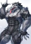  5_fingers abs anthro black_body black_fur crotch_tuft featureless_crotch fingers fur grey_body grey_fur hi_res male muscular muscular_anthro muscular_male nintendo obstagoon open_mouth pecs pok&eacute;mon pok&eacute;mon_(species) simple_background solo tongue tongue_out tuft video_games white_background yukihoshiak 