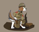  6:5 alexei_dumas anthro armor beagle black_nose canid canine canis clothed clothing collar crouching digitigrade domestic_dog fur green_eyes gun headgear helmet hunting_dog male mammal military military_uniform multicolored_body multicolored_fur ranged_weapon rubble scent_hound solo uniform weapon xiphx 