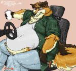  anthro belly_overhang blue_collar blush canid canine chest_tuft collar eye_roll fox male mammal moobs obese obese_male overweight overweight_male solo southernyote trucker tuft vehicle_interior 