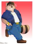  2021 anthro bottomwear brown_body brown_nose clothing hi_res humanoid_hands male mammal media_maple overweight overweight_male pants procyonid raccoon shirt simple_background solo topwear 