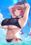  animal_humanoid belly big_breasts bikini breasts clothing curled_horns dragon dragon_humanoid female hair hi_res horn horned_humanoid huge_breasts humanoid humanoid_pointy_ears ilulu miss_kobayashi&#039;s_dragon_maid moisture_(chichi) navel partially_submerged pink_eyes pink_hair slightly_chubby solo swimwear under_boob wet 