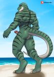  anthro back_muscles beach butt dinosaur genitals hi_res humanoid_genitalia humanoid_penis kraidhiel lizard male muscular nude penis reptile scalie sea seaside solo water 