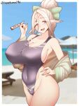  3:4 beach big_breasts blonde_hair breasts cleavage clothed clothing elf female hair hand_on_hip hi_res humanoid humanoid_pointy_ears not_furry one-piece_swimsuit orangegoon seaside solo swimwear umbrella 