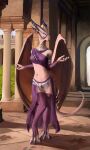 4_horns amethyst_(gem) anthro archway armlet athletic barefoot barely_visible_genitalia barely_visible_pussy blue_eyes breasts claws clothed clothing day detailed_background digital_media_(artwork) digitigrade dragon feet female front_view full-length_portrait gem genitals hi_res horn horn_jewelry jewelry knock-kneed legwear long_neck looking_at_viewer membrane_(anatomy) membranous_wings multi_horn necklace nipples non-mammal_breasts pillar pink_body pink_scales plant portrait purple_claws purple_horn pussy reptile scales scalie shrub silver_(metal) silver_jewelry smile solo standing thigh_highs translucent translucent_clothing veoros waist_accessory western_dragon wing_claws wings 