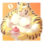  ! 1:1 2021 anthro belly cake dessert felid food green_eyes hi_res humanoid_hands kemono male mammal meimei_kia moobs nipples overweight overweight_male pantherine pink_nose simple_background solo tiger yellow_body 