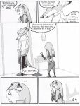  anthro bodily_fluids butt canid canine clothed clothing comic dialogue dipstick_ears disney duo english_text female fox hi_res judy_hopps lagomorph leporid male mammal multicolored_ears nick_wilde police_uniform rabbit rear_view scut_tail short_tail tears text the_gory_saint uniform zootopia 